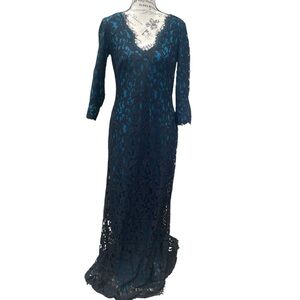 Tadashi Shoji Lace Overlay 3/4”‎ Sleeve, Gown, Black/Teal, Style ACZ1191LXZ, 8